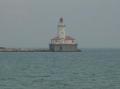 View of the lighthouse from Navy Pier in Chicago Illinois on Lake Michigan